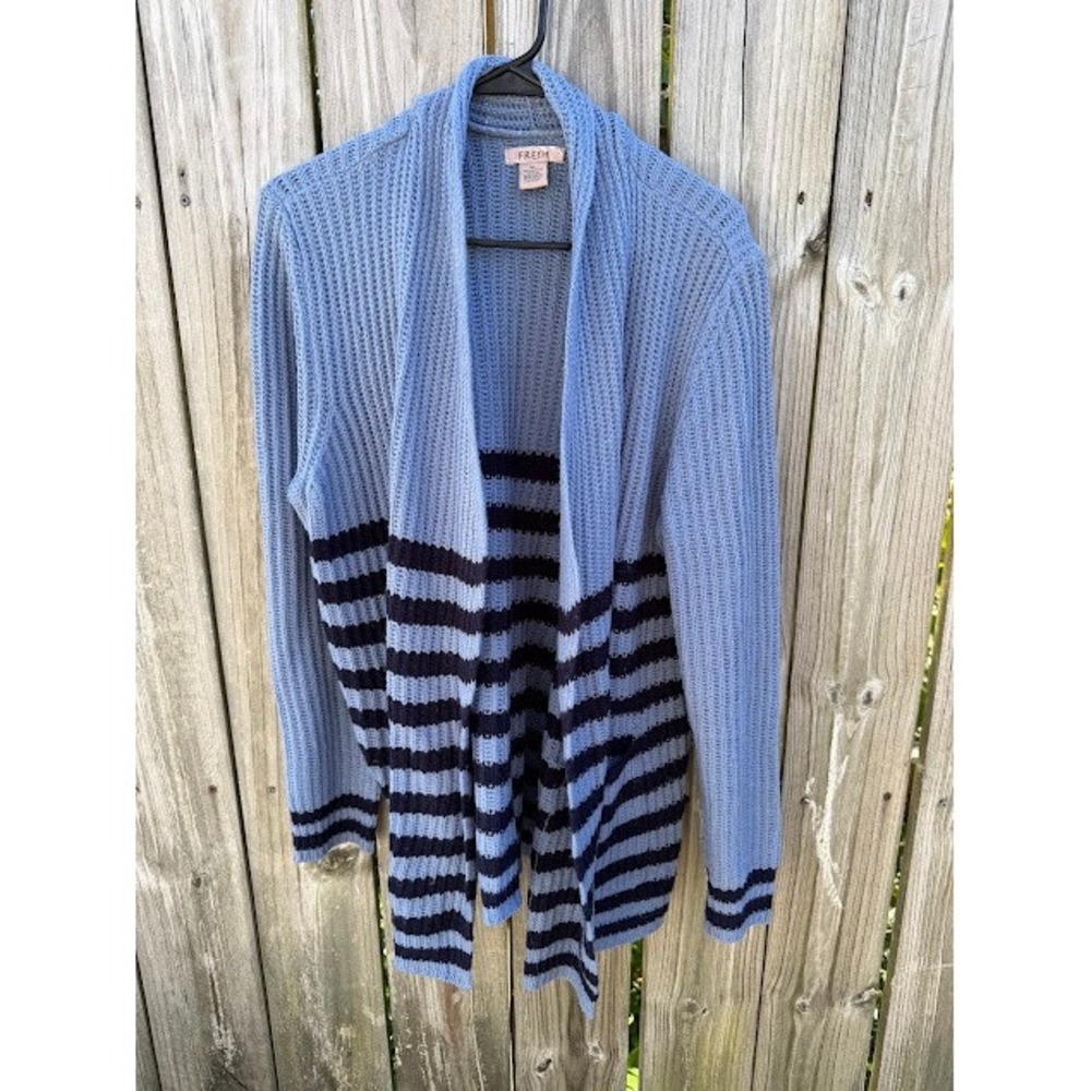 Coastal Nautical Fresh Striped Ribbed Cardigan XL Blue Open Front Sweater